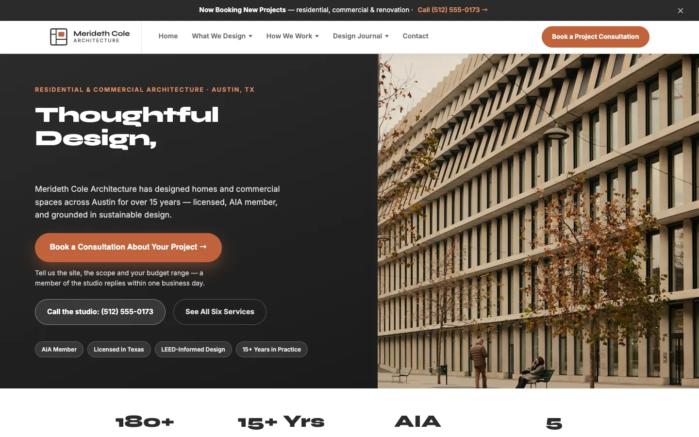Screenshot of Merideth Cole Architecture website demo