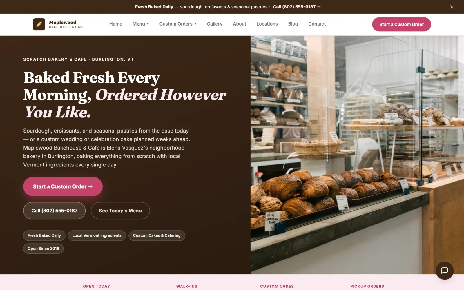 Screenshot of Maplewood Bakehouse & Cafe website demo