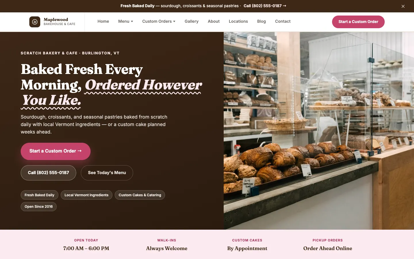 Screenshot of Maplewood Bakehouse & Cafe website demo