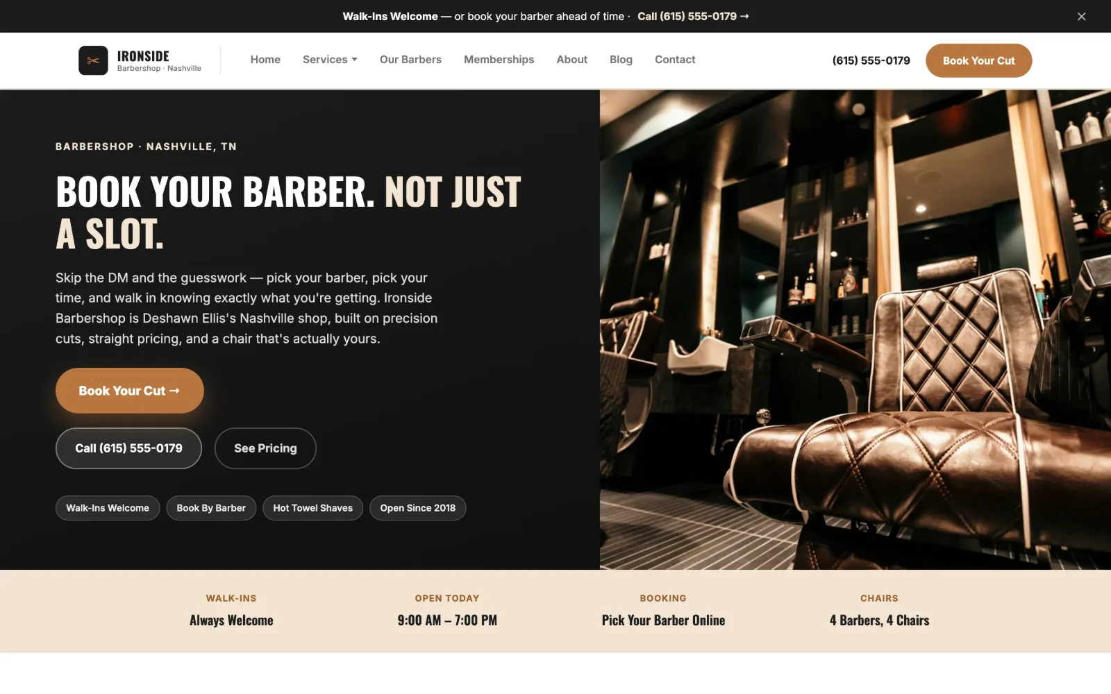 Screenshot of Ironside Barbershop website demo
