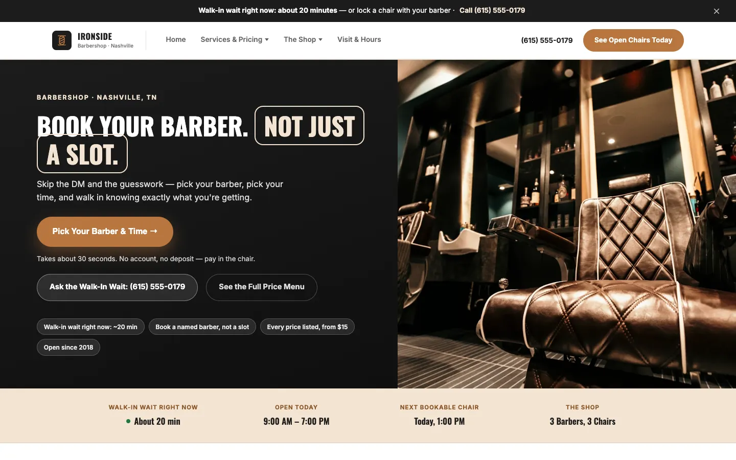 Screenshot of Ironside Barbershop website demo