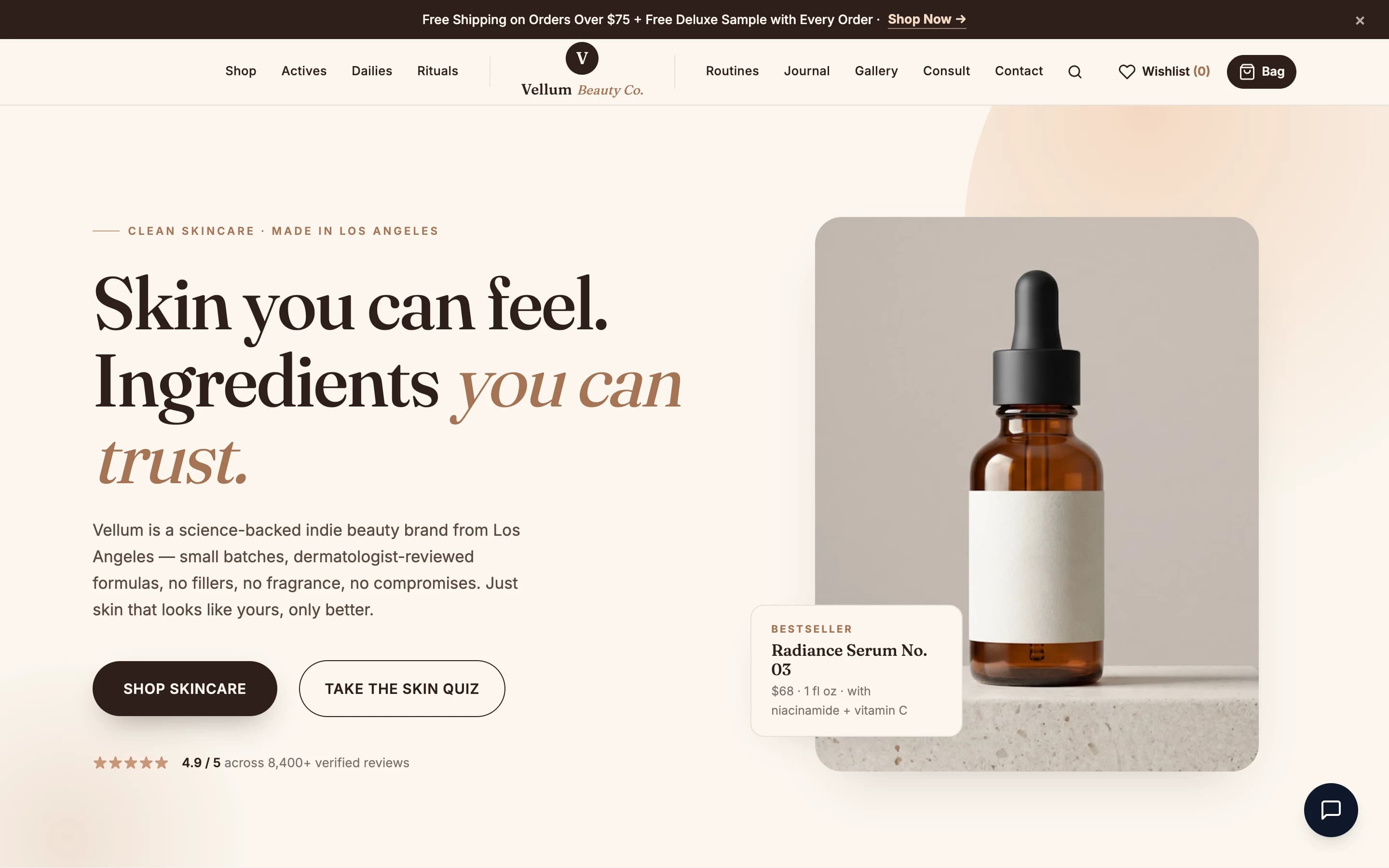 Screenshot of Vellum Beauty Co. website demo