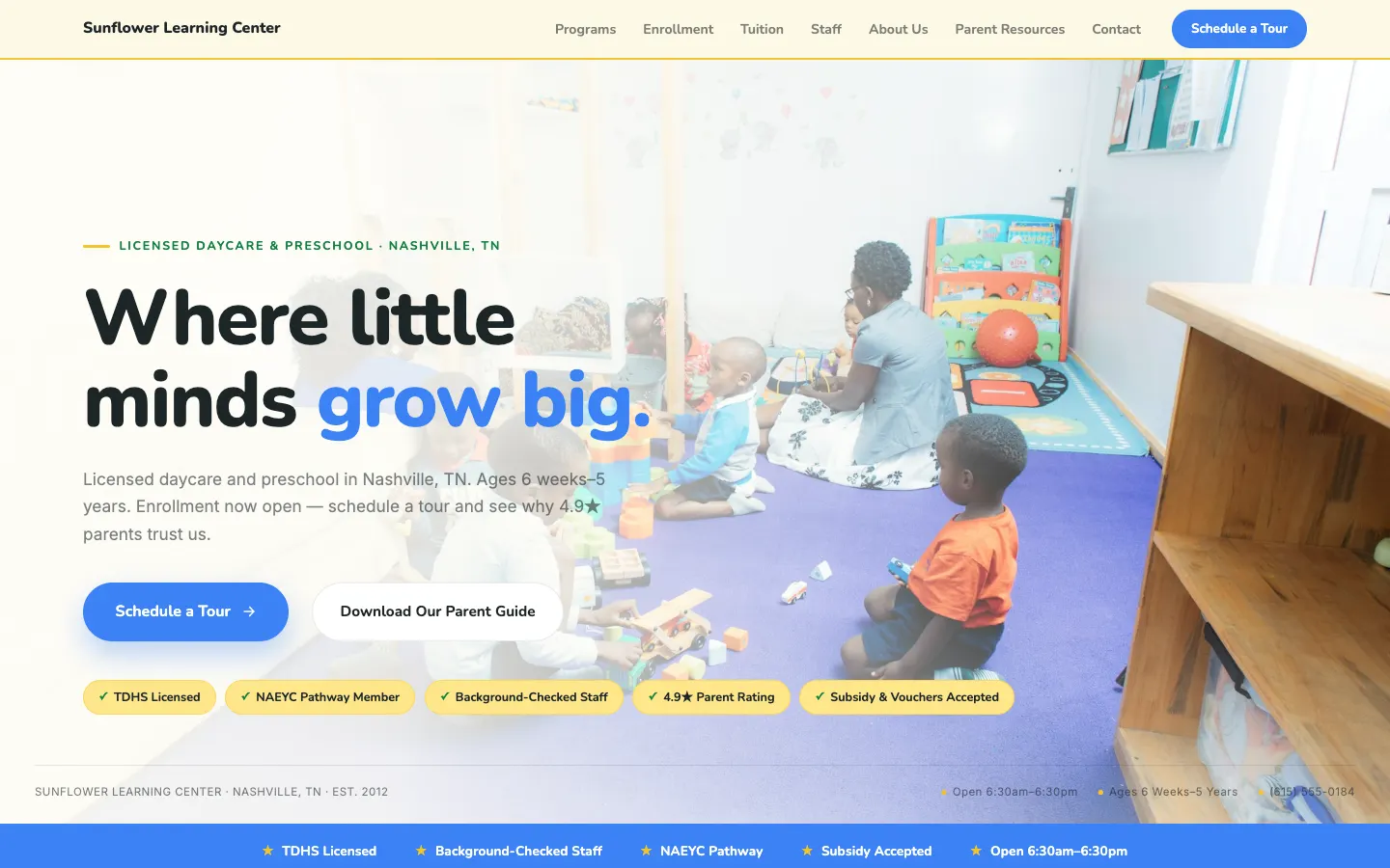 Screenshot of Sunflower Learning Center website demo