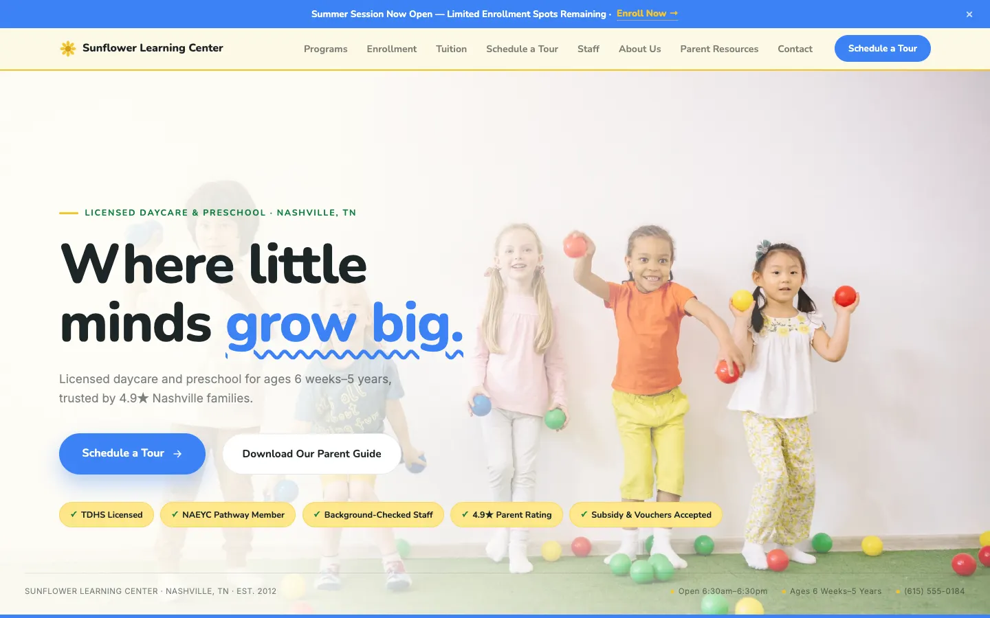 Screenshot of Sunflower Learning Center website demo