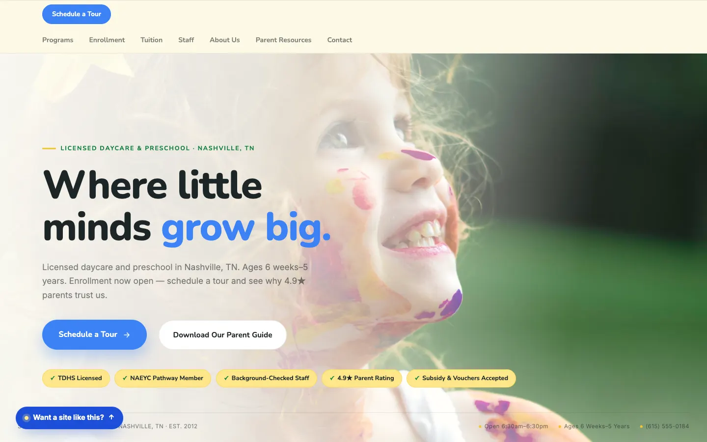 Screenshot of Sunflower Learning Center website demo