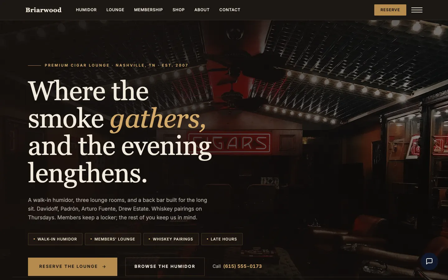 Screenshot of Briarwood Cigar Lounge website demo