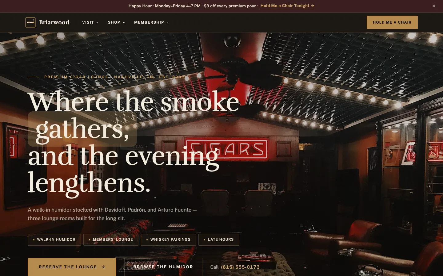 Screenshot of Briarwood Cigar Lounge website demo
