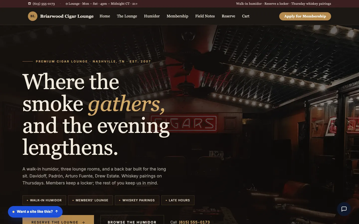 Screenshot of Briarwood Cigar Lounge website demo