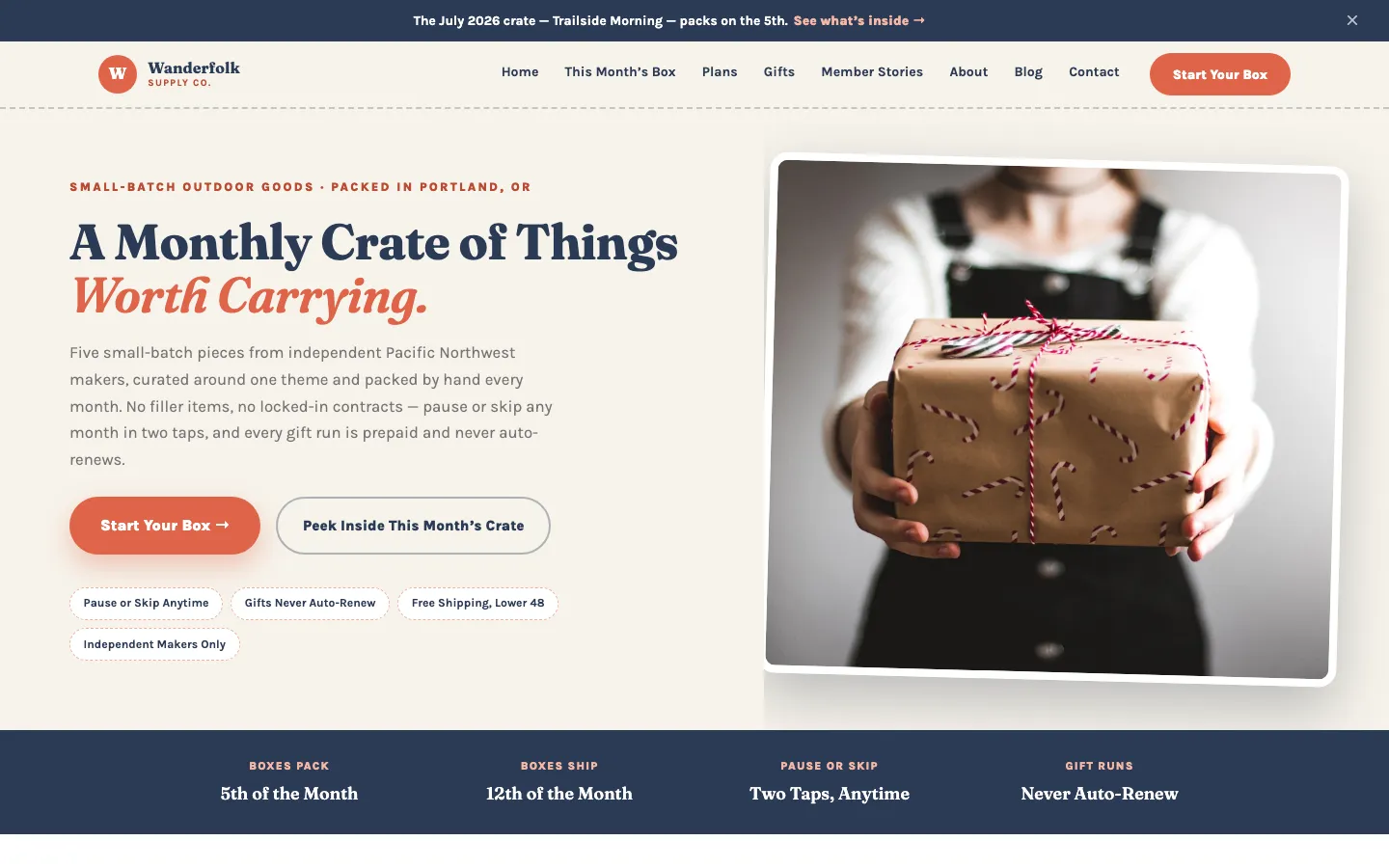 Screenshot of Wanderfolk Supply Co. website demo