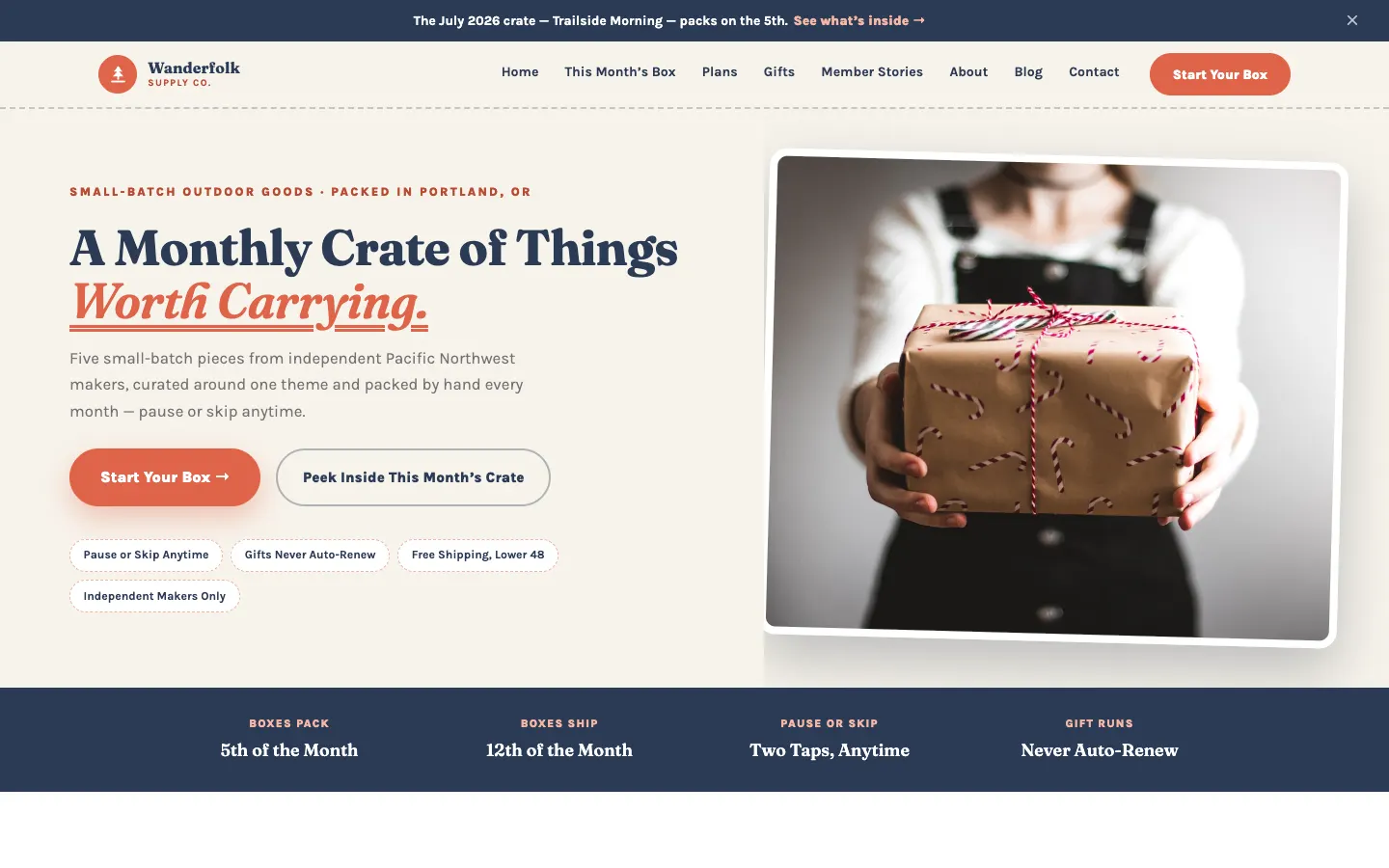 Screenshot of Wanderfolk Supply Co. website demo