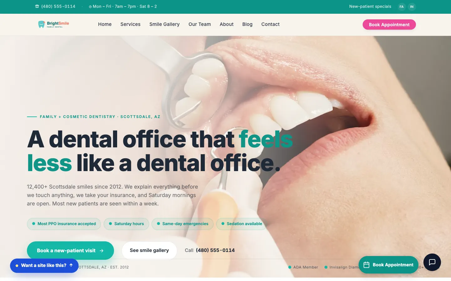 Screenshot of BrightSmile Family Dental website demo