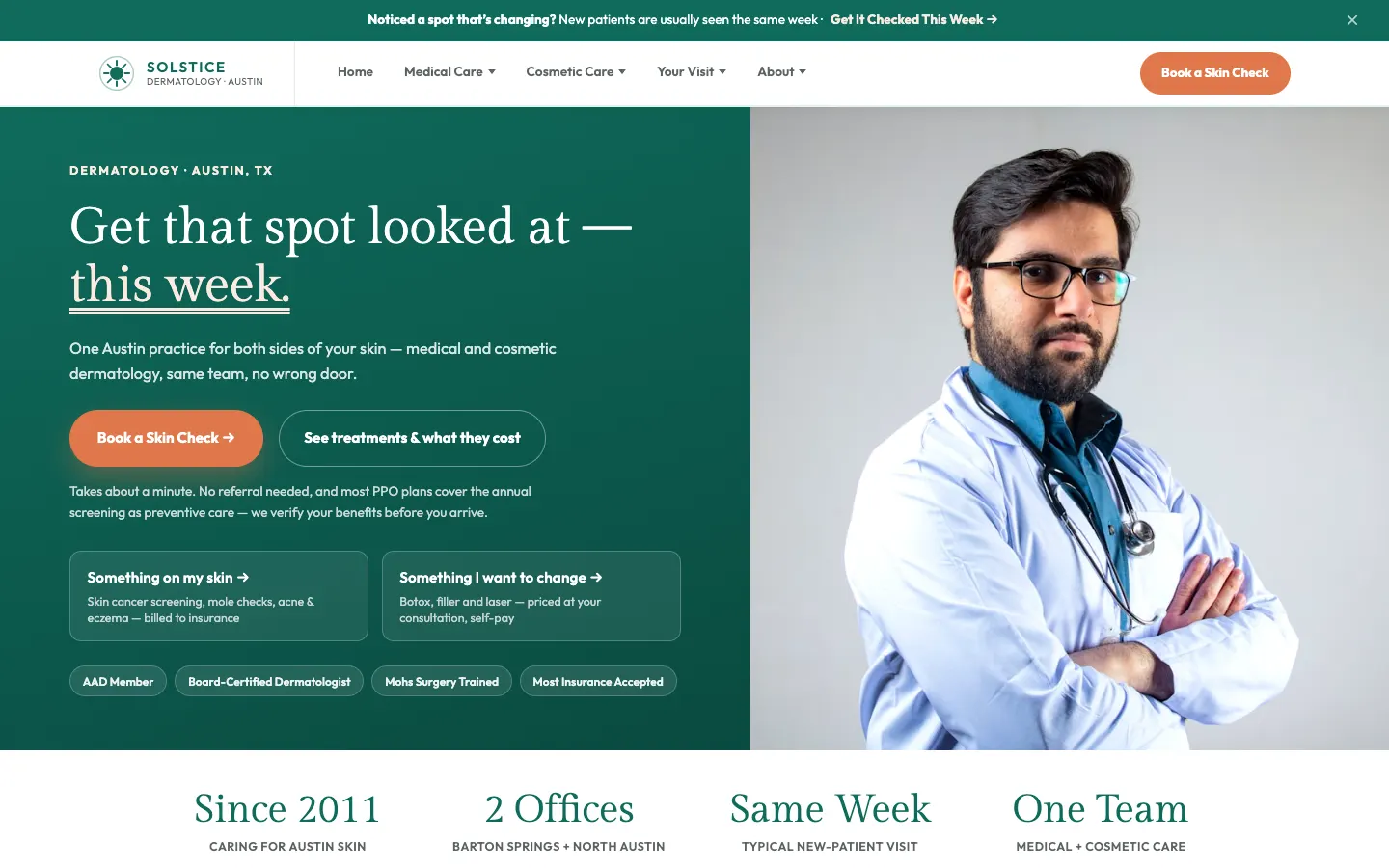 Screenshot of Solstice Dermatology website demo