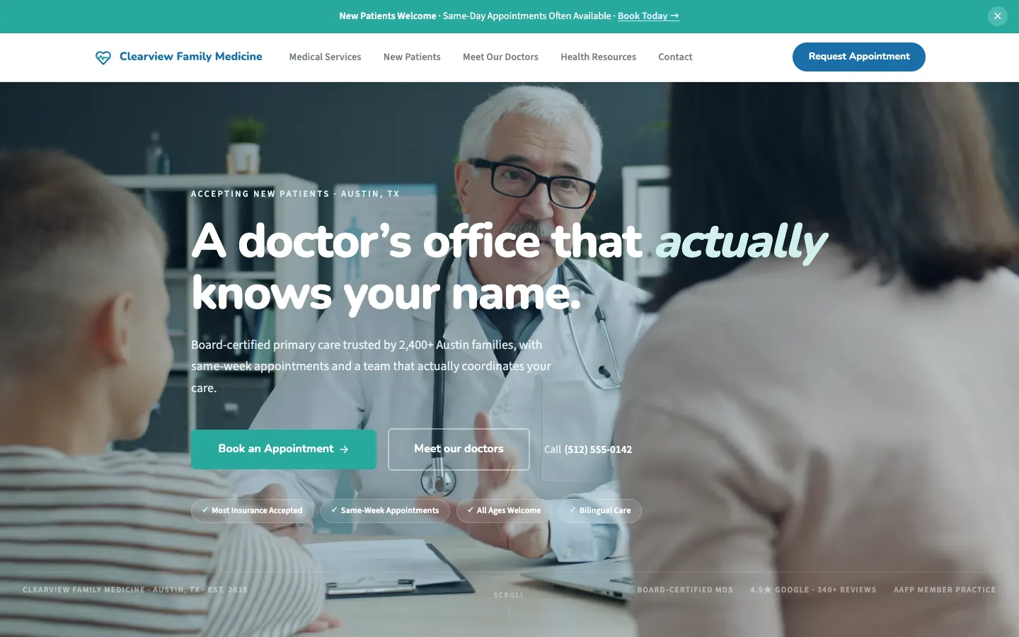 Screenshot of Clearview Family Medicine website demo
