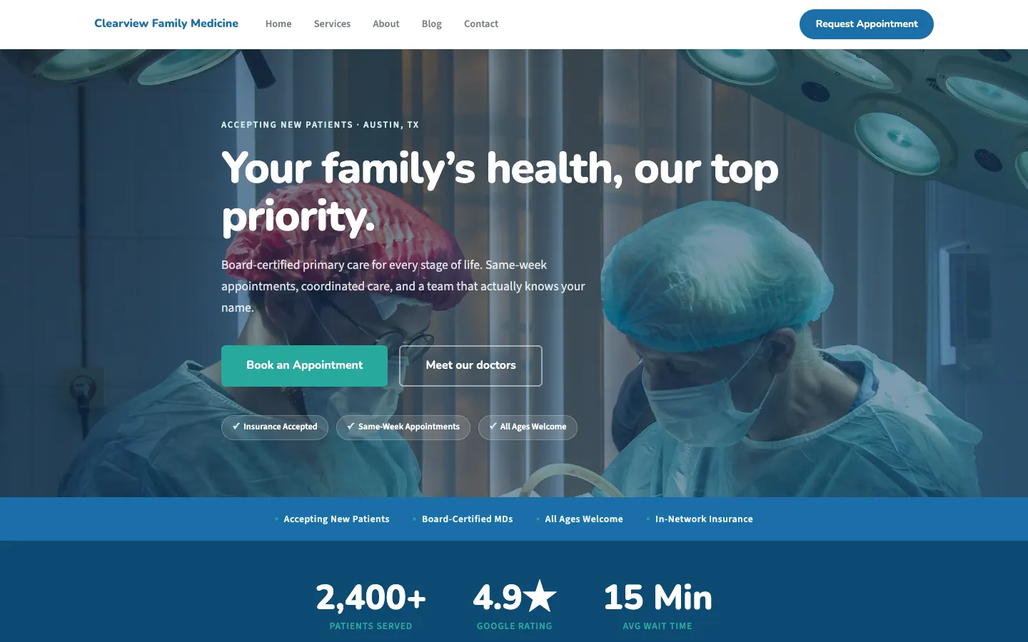 Screenshot of Clearview Family Medicine website demo