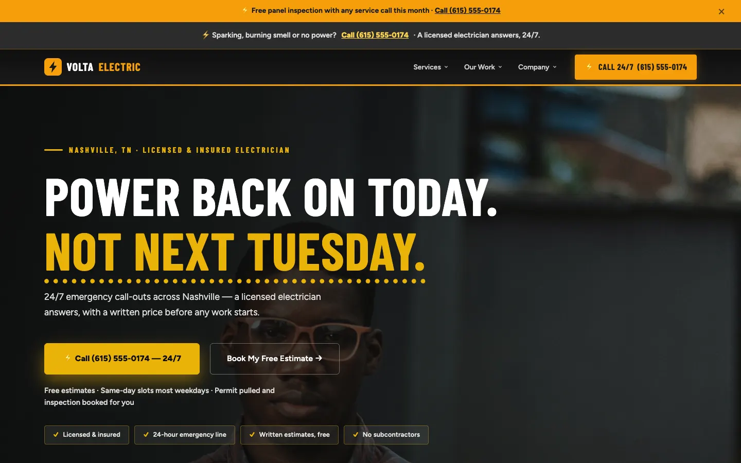 Screenshot of Volta Electric Co. website demo