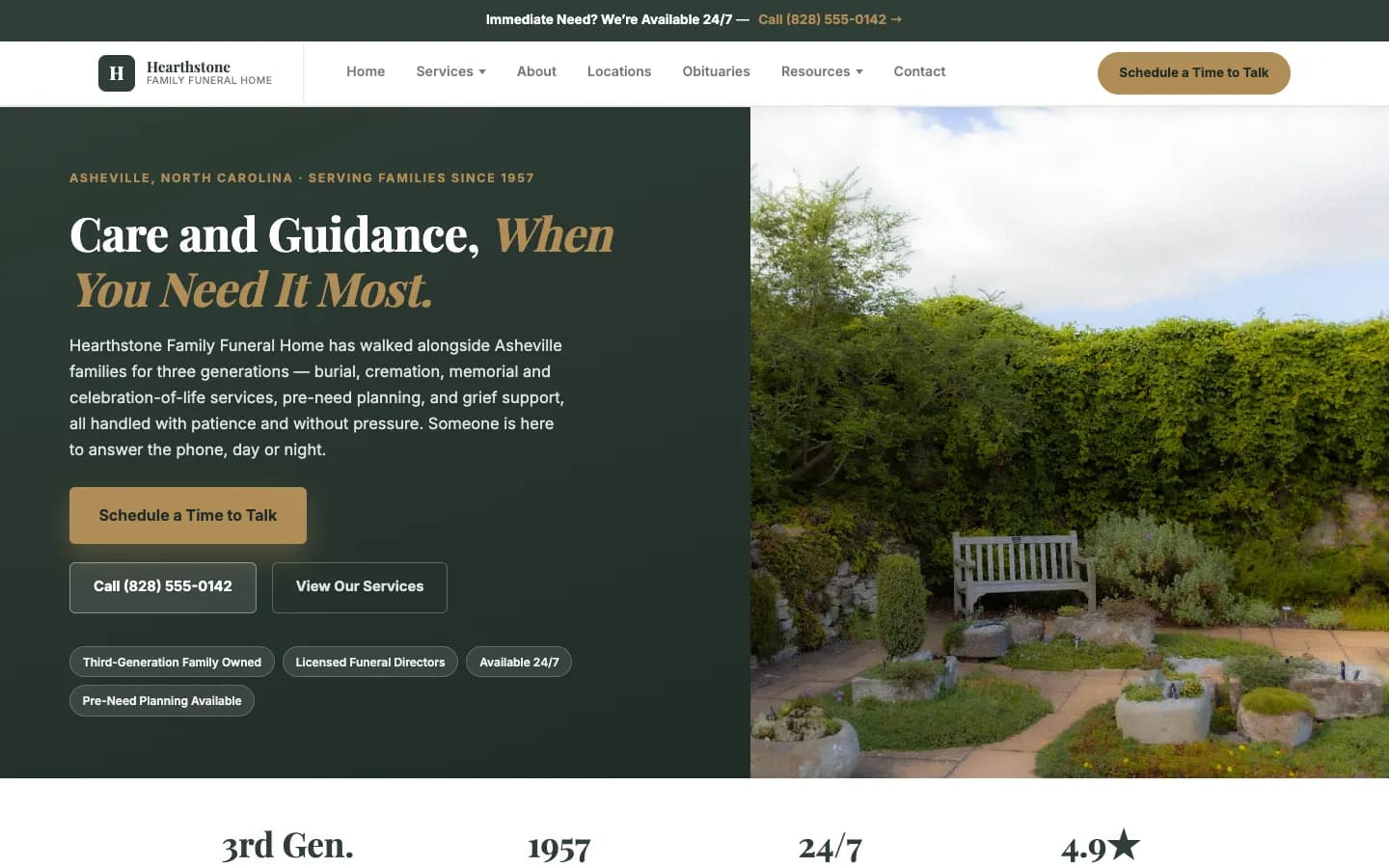 Screenshot of Hearthstone Family Funeral Home website demo