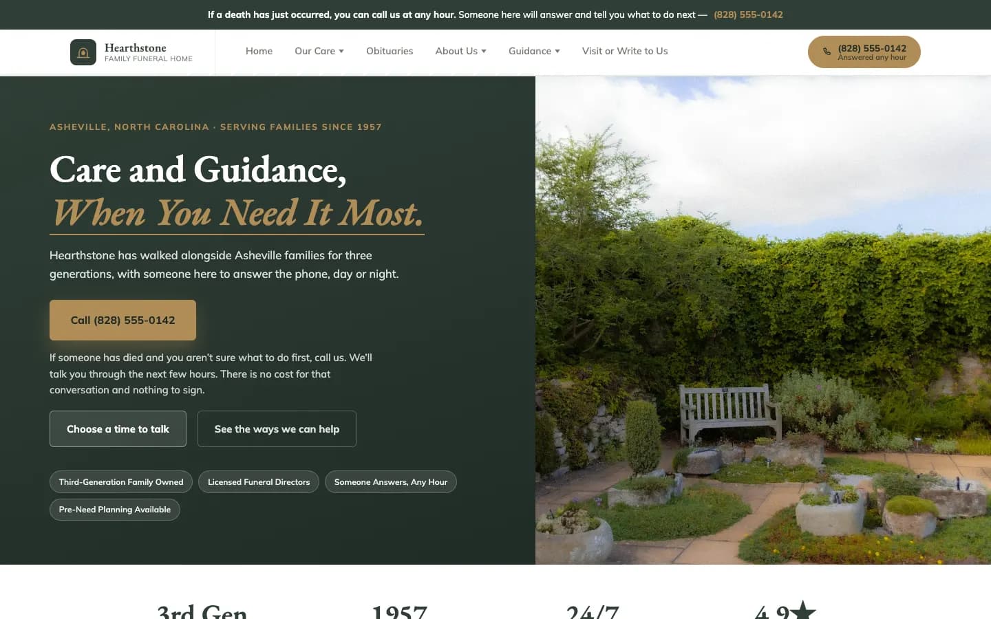 Screenshot of Hearthstone Family Funeral Home website demo