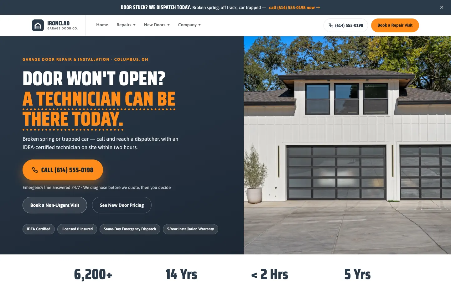 Screenshot of Ironclad Garage Door Co. website demo