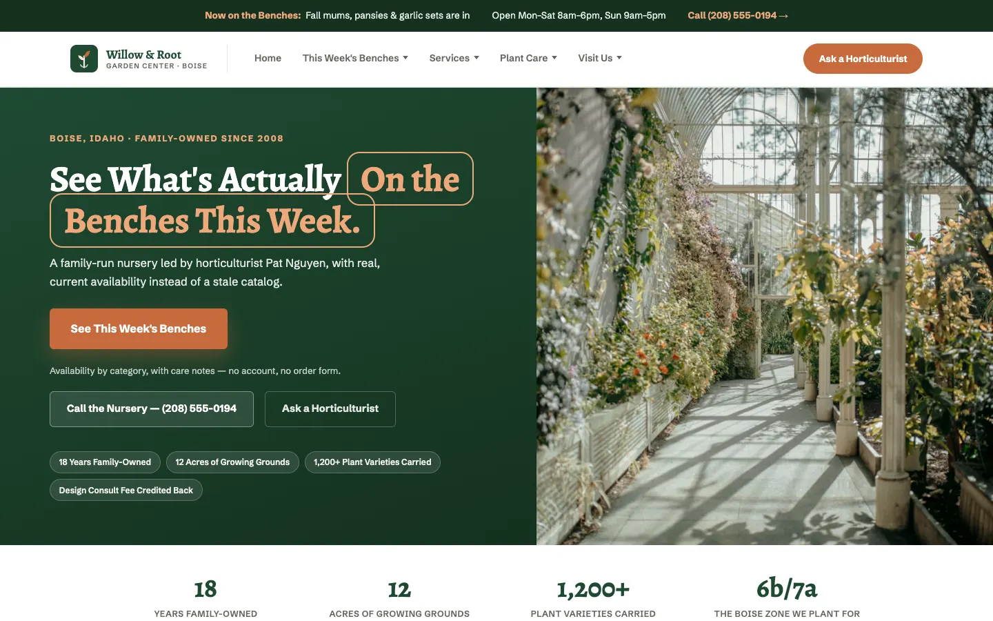 Screenshot of Willow & Root Garden Center website demo