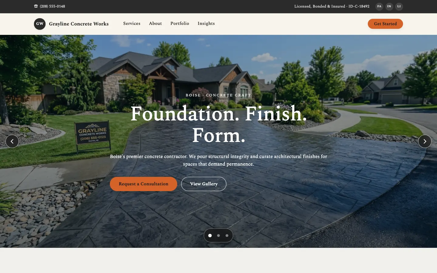 Screenshot of Grayline Concrete Works website demo
