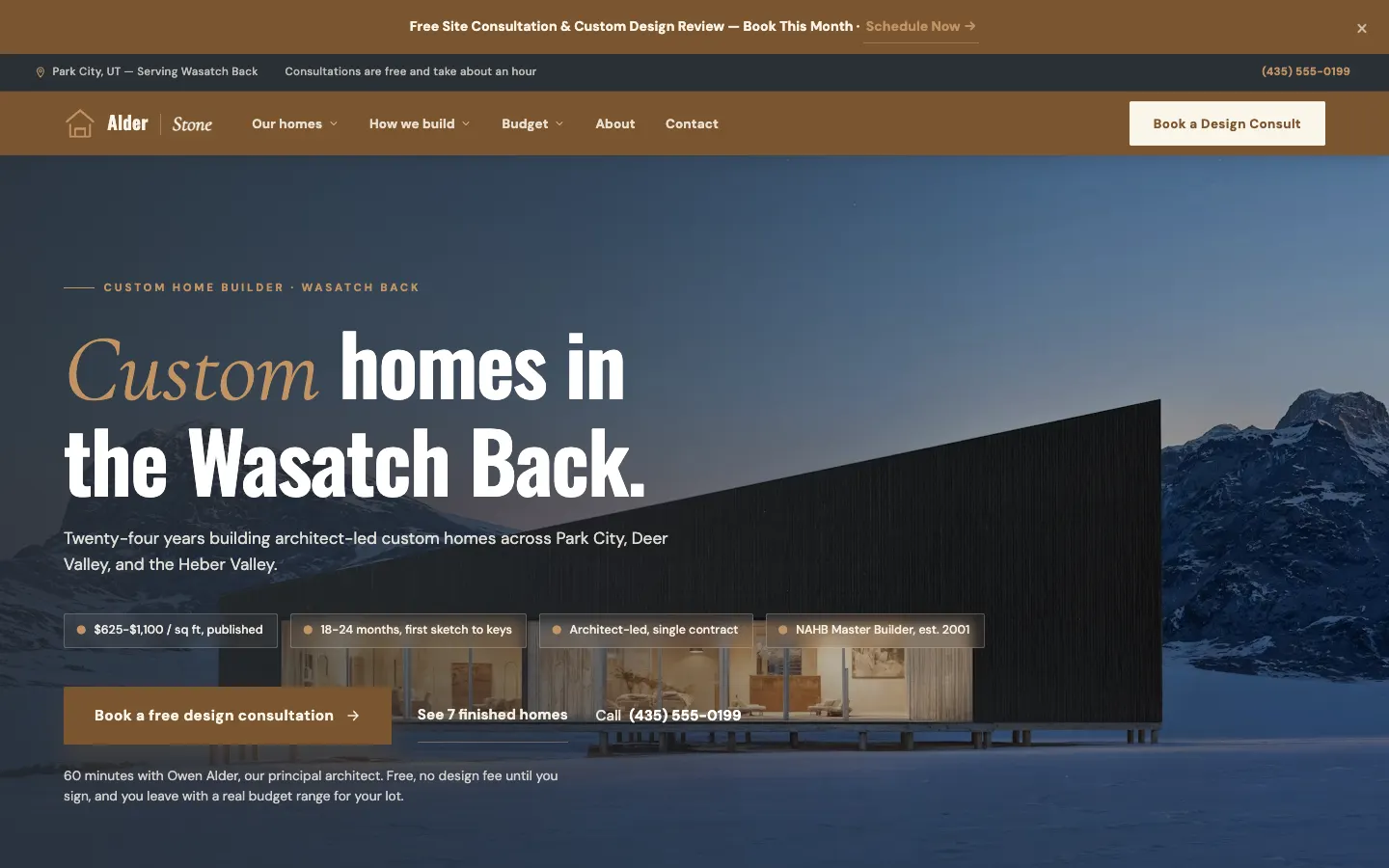 Screenshot of Alder & Stone Custom Homes website demo