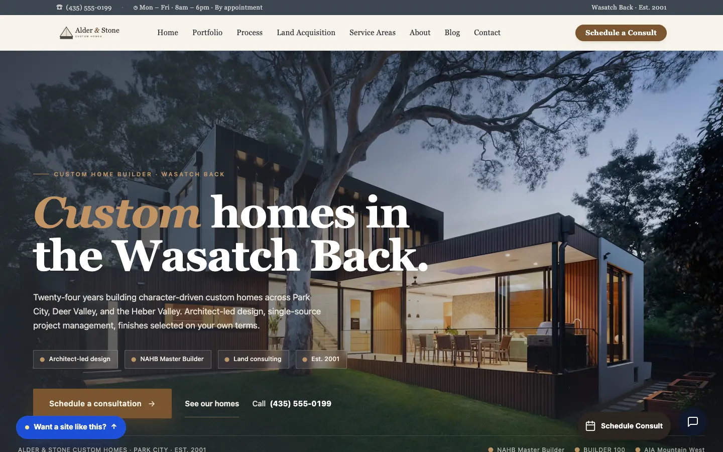 Screenshot of Alder & Stone Custom Homes website demo