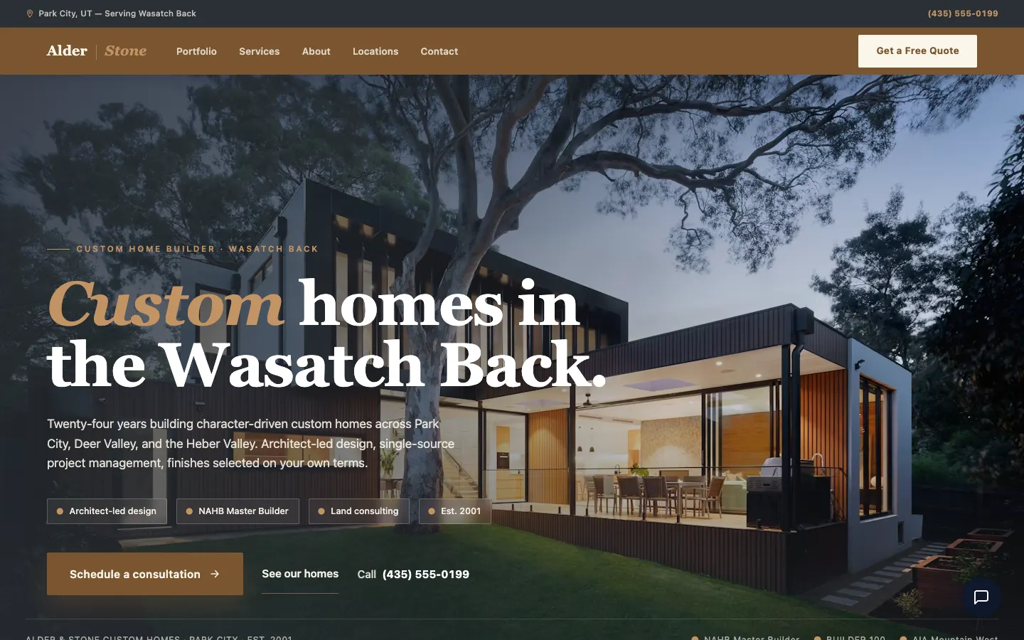 Screenshot of Alder & Stone Custom Homes website demo