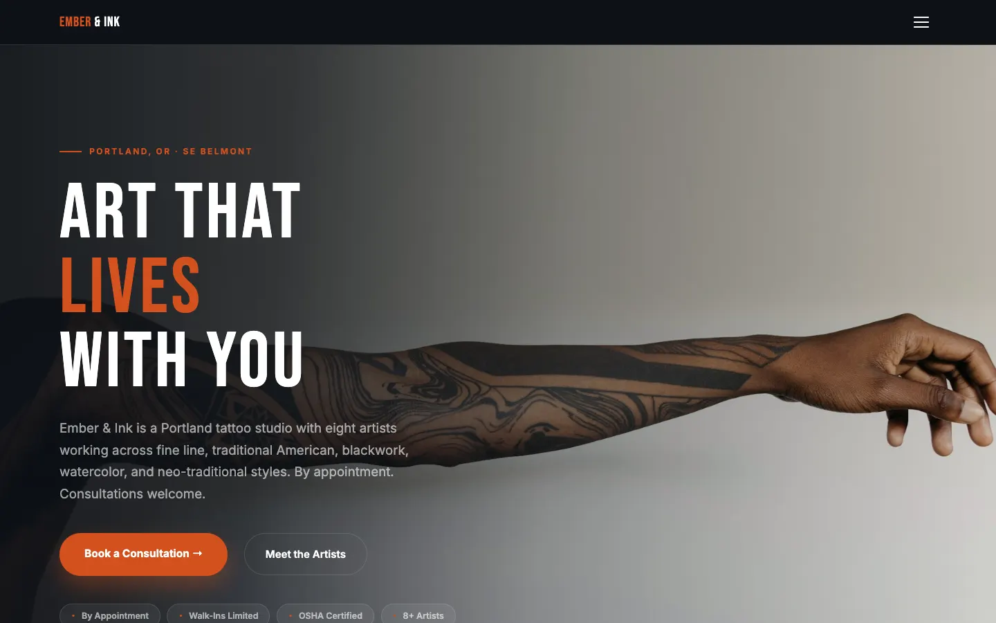 Screenshot of Ember & Ink Tattoo Studio website demo