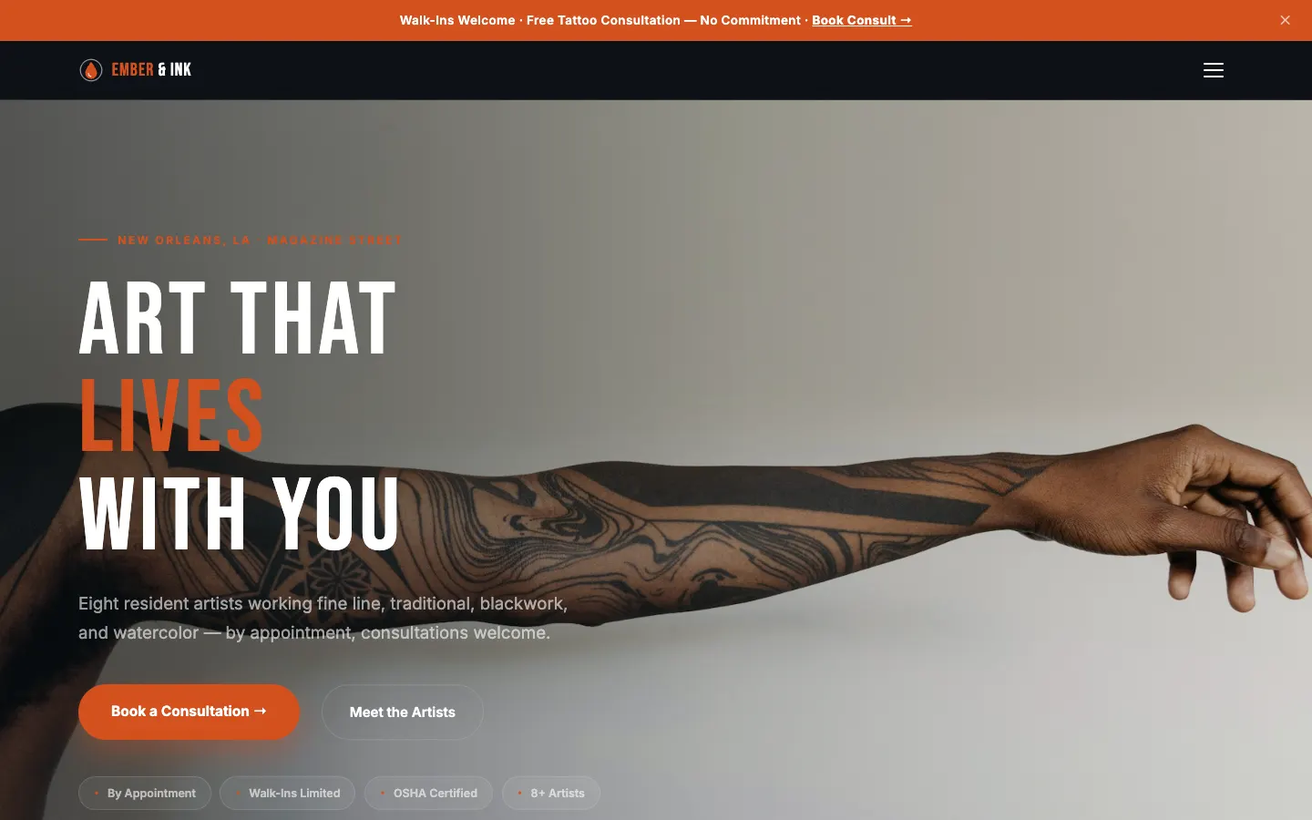 Screenshot of Ember & Ink Tattoo Studio website demo