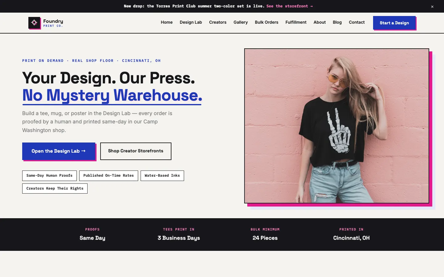 Screenshot of Foundry Print Co. website demo