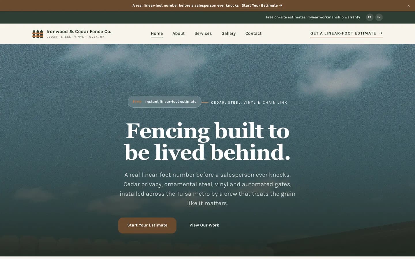 Screenshot of Ironwood & Cedar Fence Co. website demo
