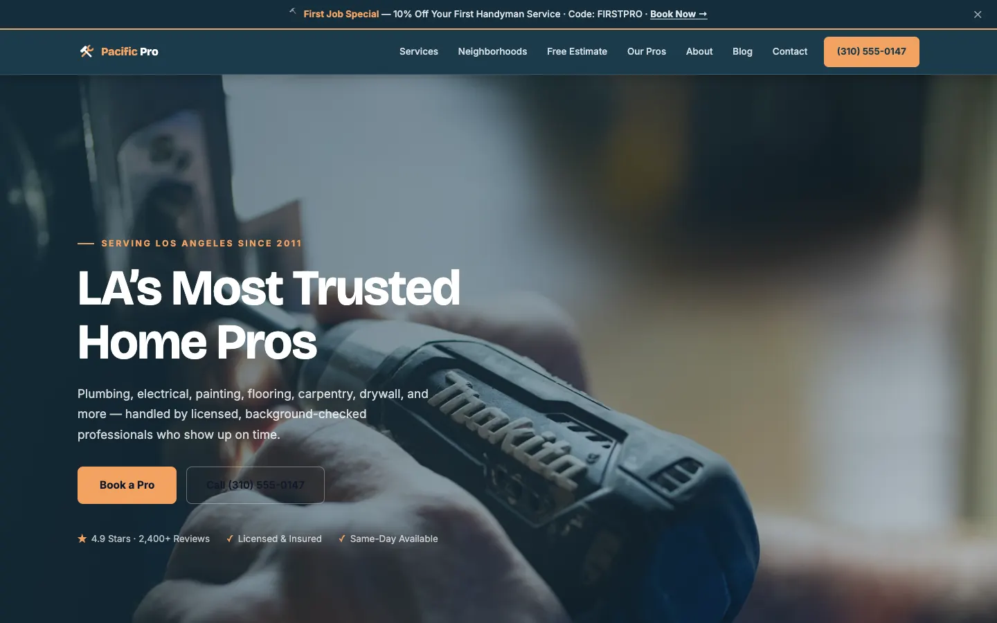 Screenshot of Pacific Pro Handyman website demo