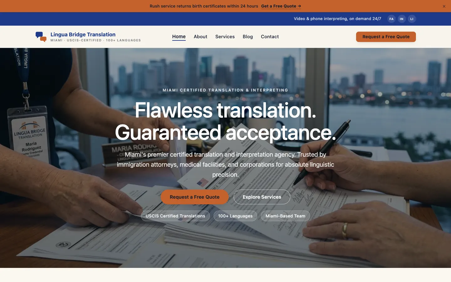 Screenshot of Lingua Bridge Translation website demo