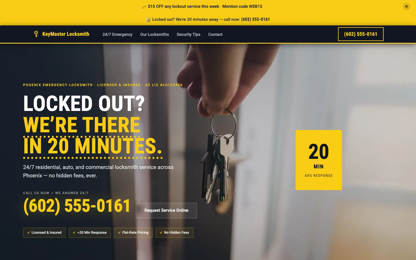 Screenshot of KeyMaster Locksmith & Security website demo