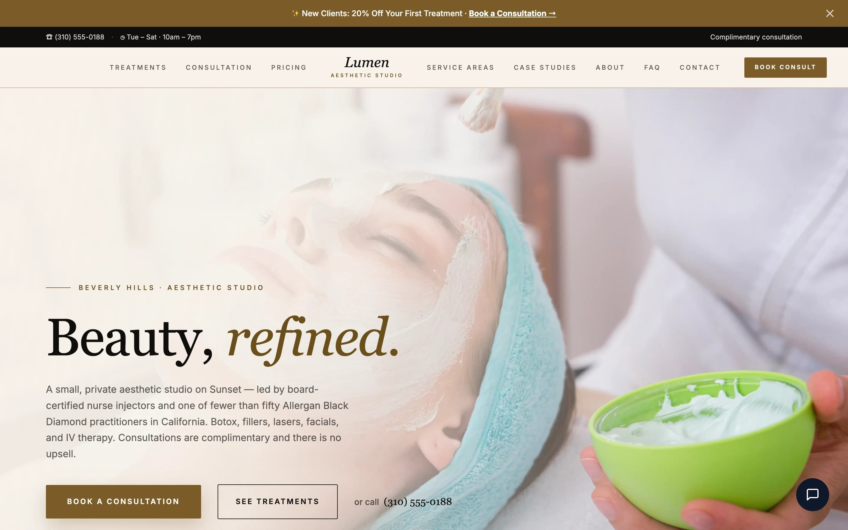 Screenshot of Lumen Aesthetic Studio website demo