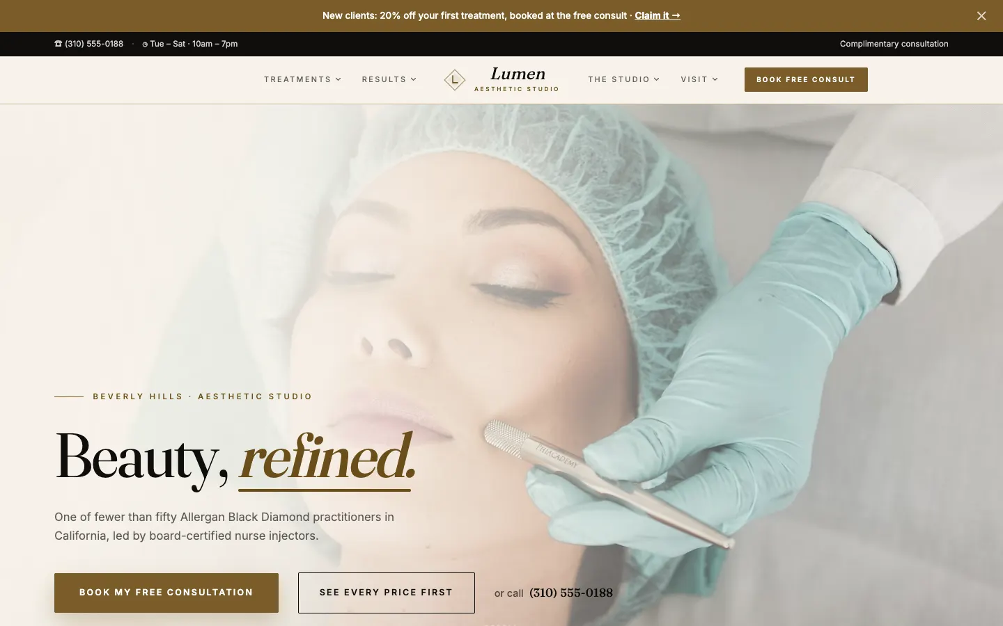 Screenshot of Lumen Aesthetic Studio website demo