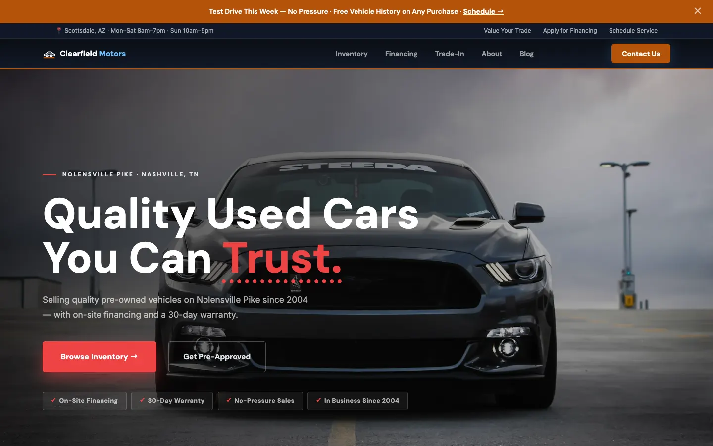Screenshot of Clearfield Motors website demo