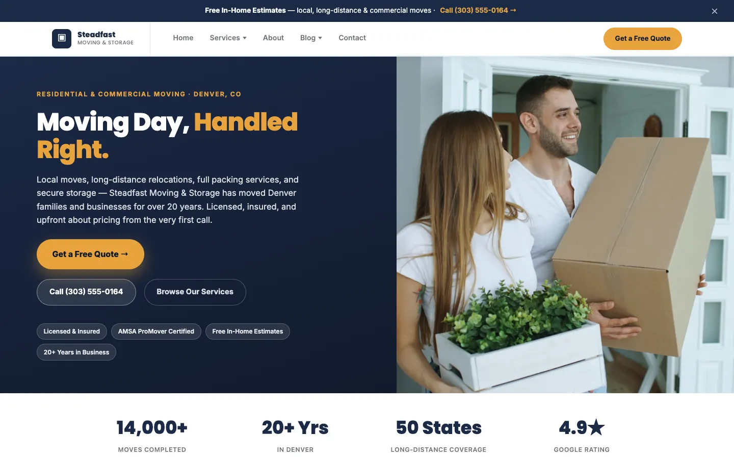 Screenshot of Steadfast Moving & Storage website demo