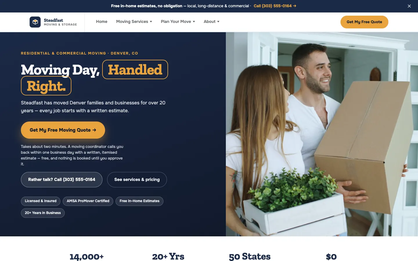 Screenshot of Steadfast Moving & Storage website demo