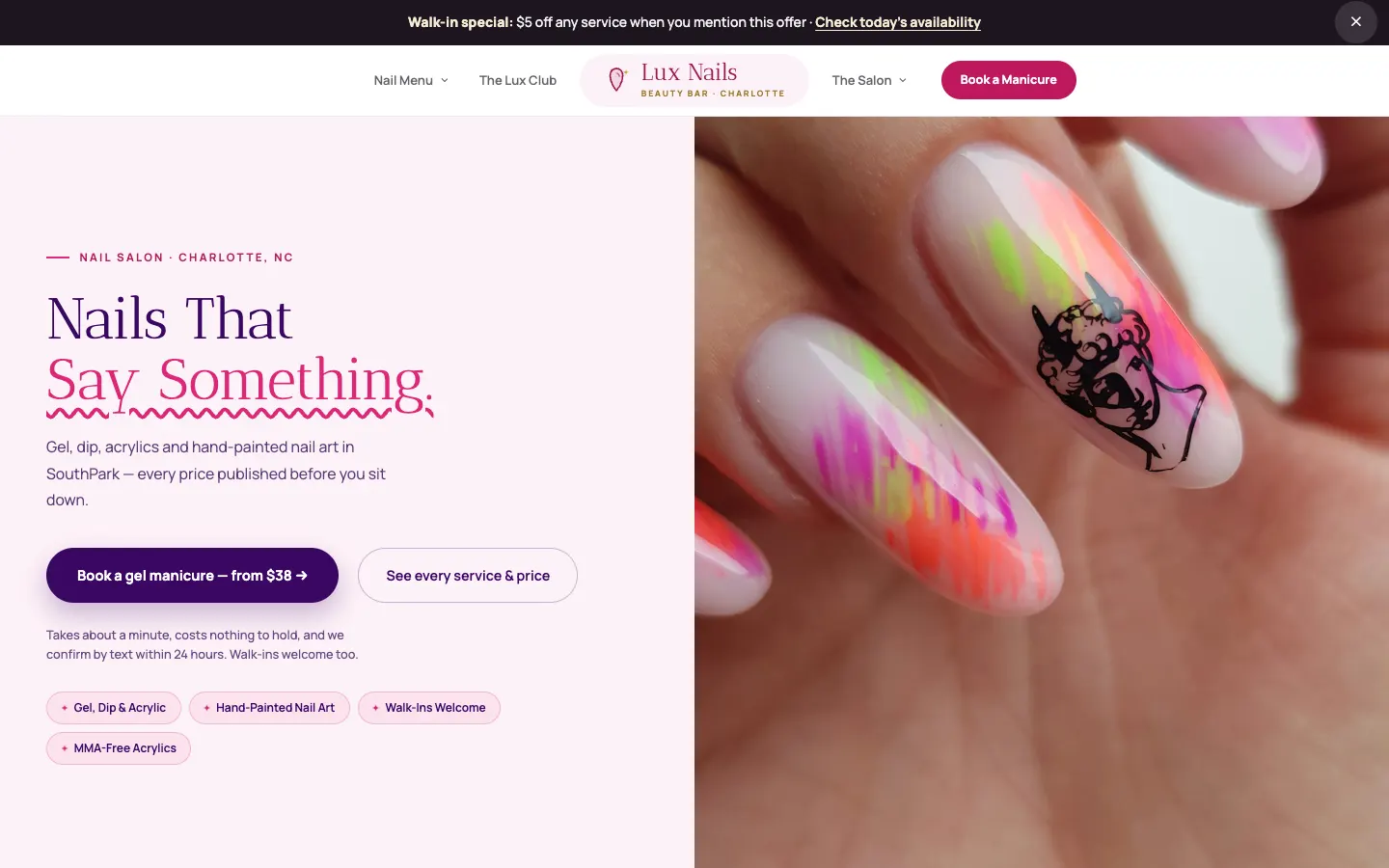 Screenshot of Lux Nails & Beauty Bar website demo