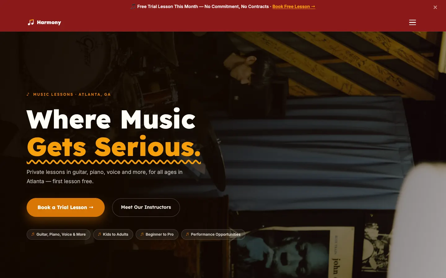 Screenshot of Harmony Music Academy website demo