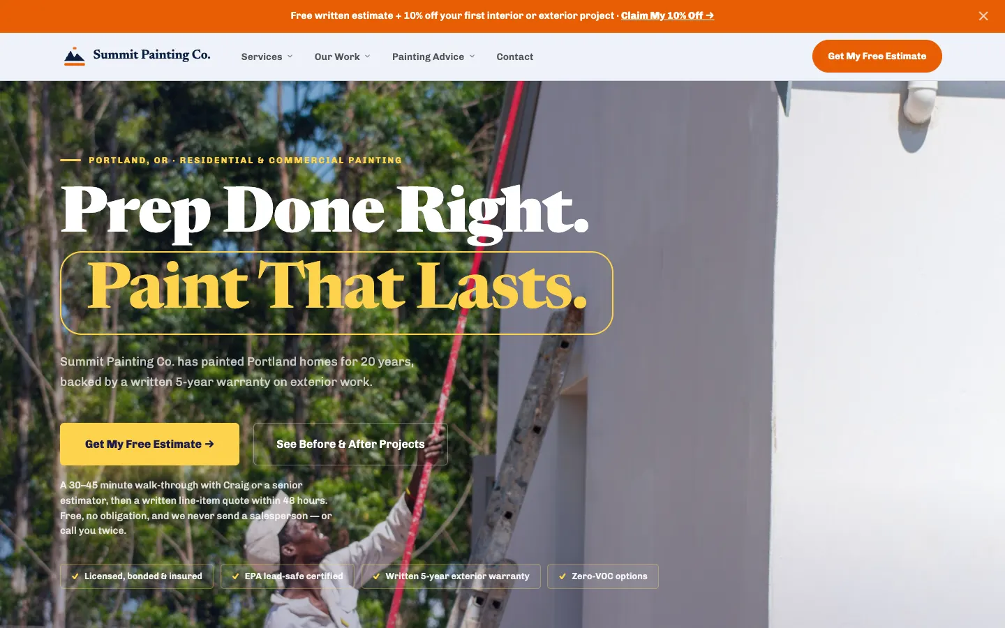 Screenshot of Summit Painting Co. website demo