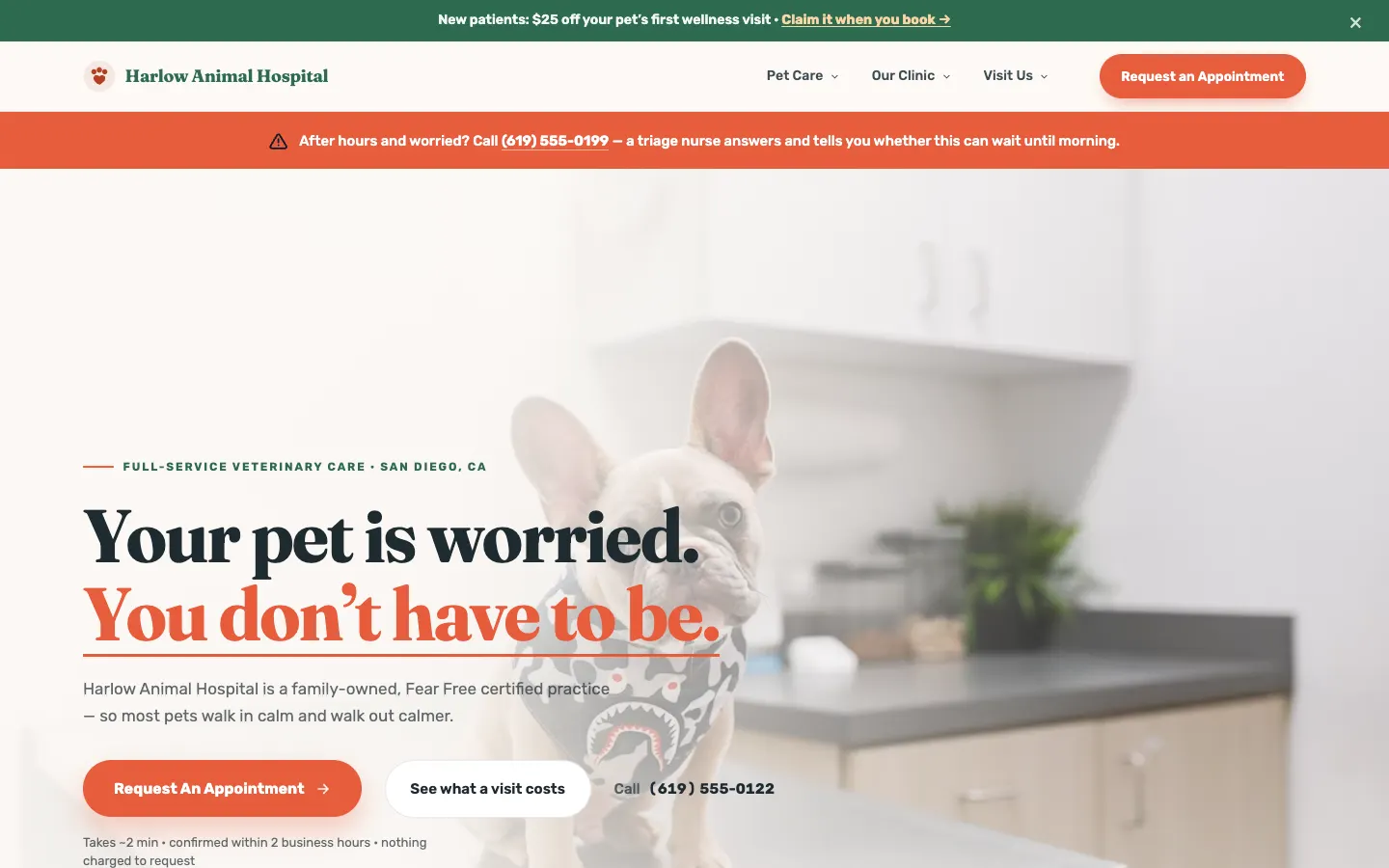 Screenshot of Harlow Animal Hospital website demo