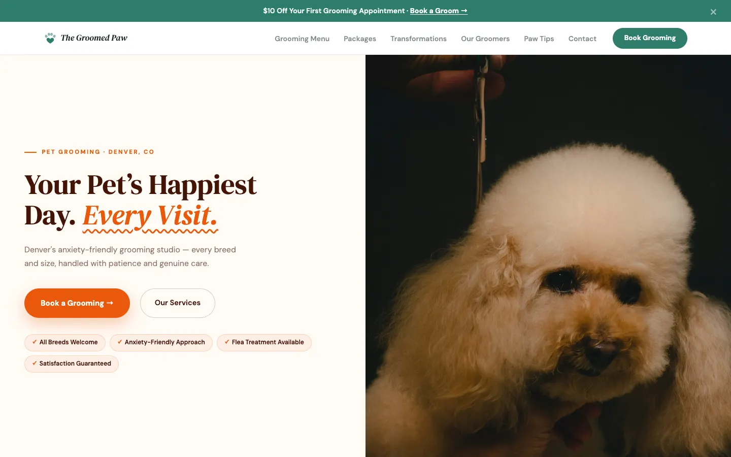 Screenshot of The Groomed Paw website demo