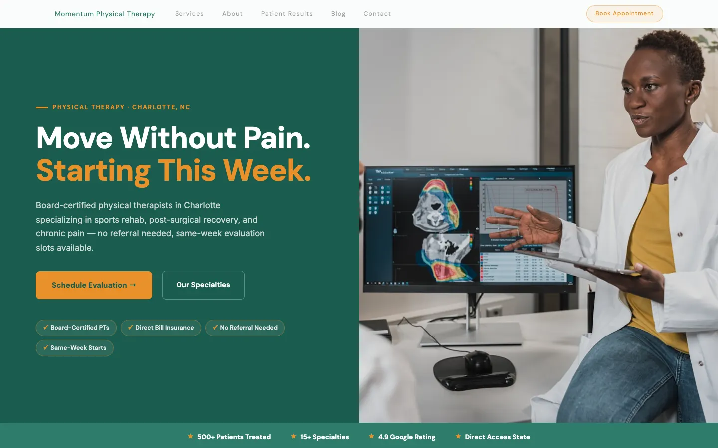 Screenshot of Momentum Physical Therapy website demo