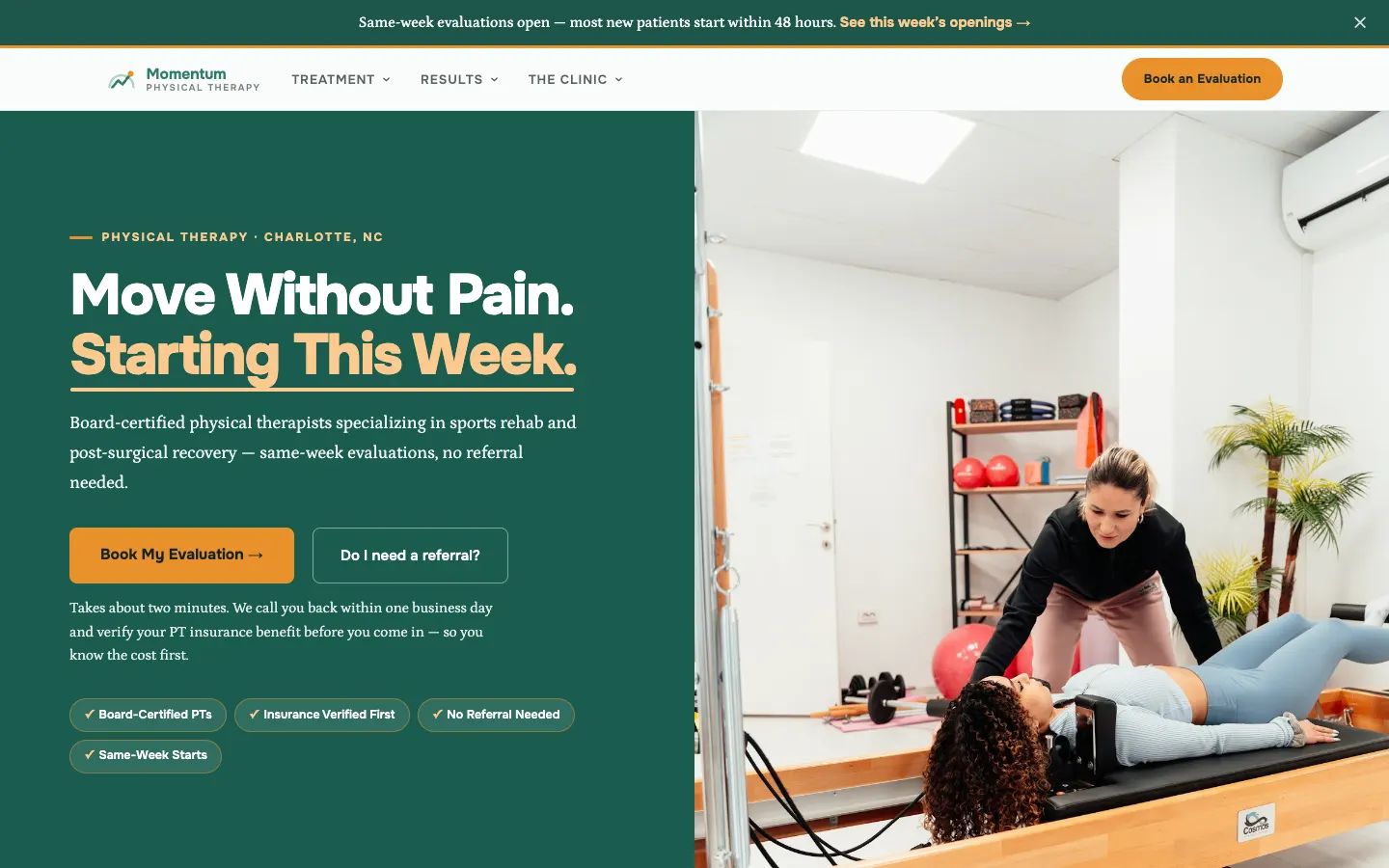 Screenshot of Momentum Physical Therapy website demo