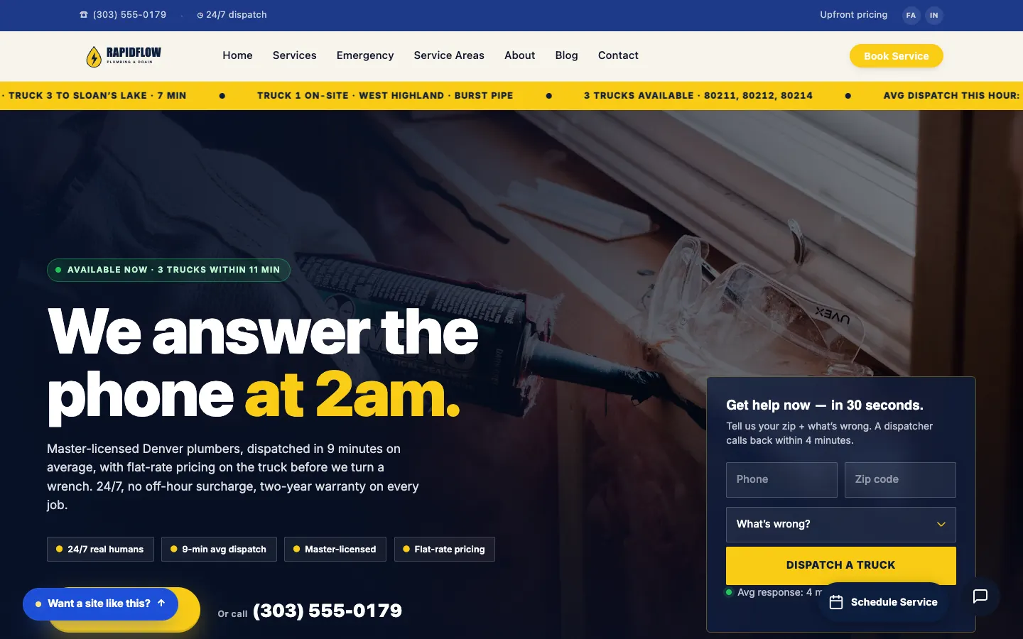 Screenshot of RapidFlow Plumbing & Drain website demo