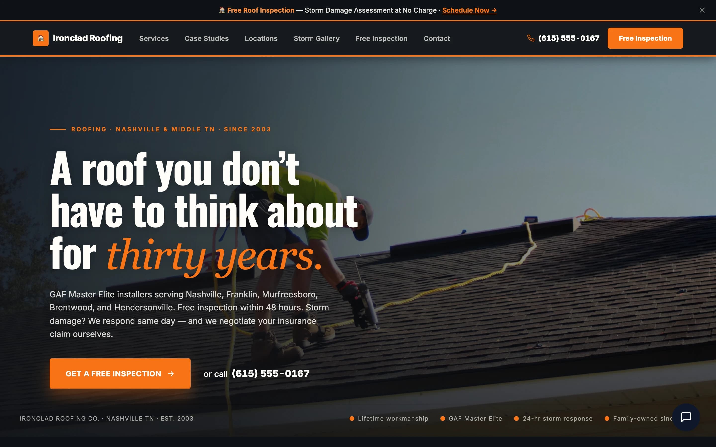 Screenshot of Ironclad Roofing Co. website demo