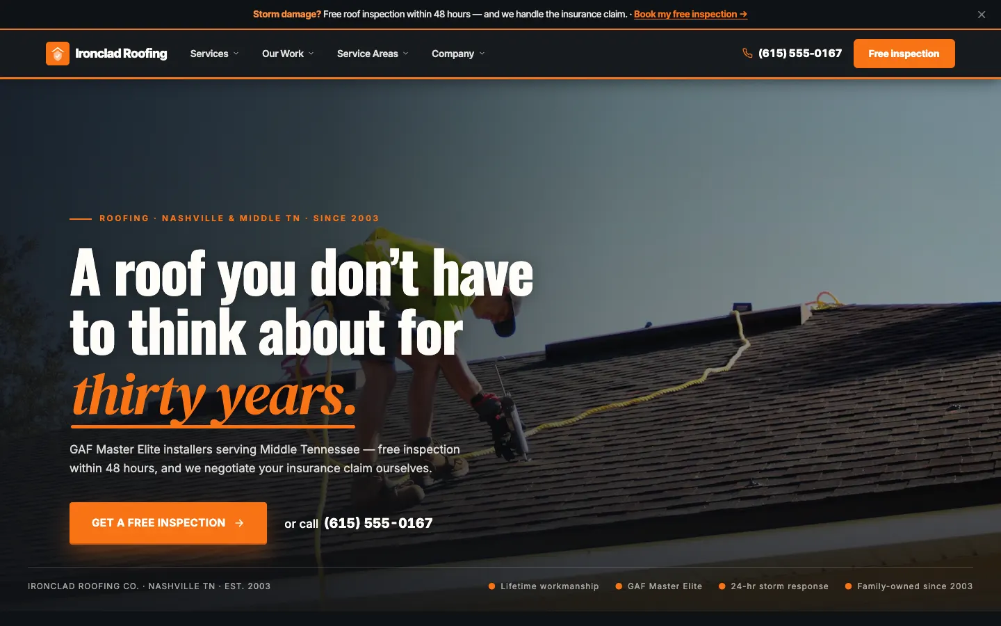 Screenshot of Ironclad Roofing Co. website demo