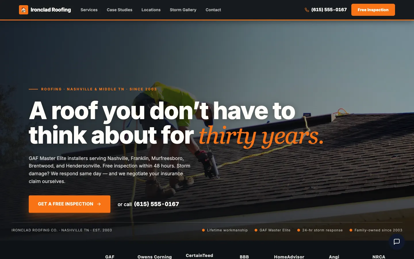 Screenshot of Ironclad Roofing Co. website demo